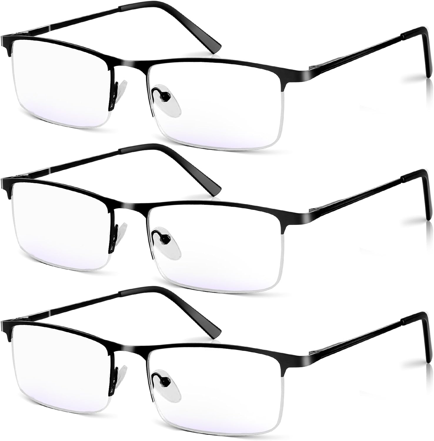 3 Pack Blue Light Blocking Reading Glasses for Men, Stylish Half Frame Metal Computer Readers, Lightweight Spring Hinge Eyeglasses Anti Eyestrain/Glare/UV (Black, 2.5)