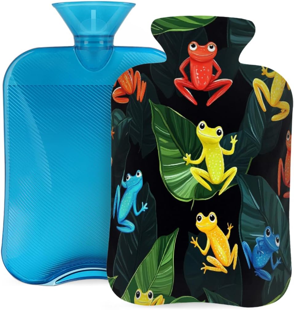 Hot Water Bottle with Cover, Colorful Frogs Green Leave 2L Hot Water Bag for Hot/Cold Compress, Hand Feet Warmer, Menstrual Cramps, Neck and Shoulder Pain Relief