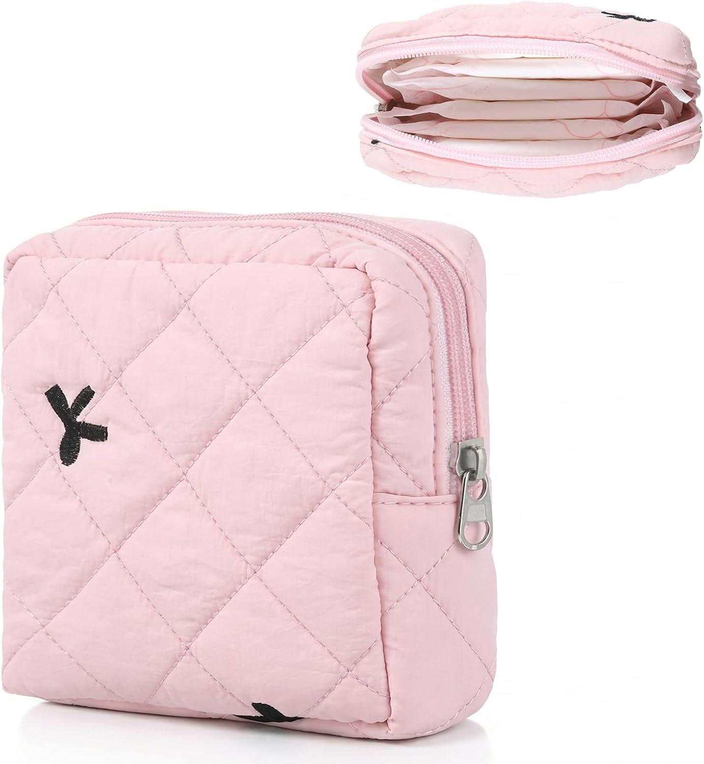 Portable Period Bags for Teen Girls for School, Sanitary Napkin Storage Bag Cute Bow Quilted Tie Period Bag Reusable Menstrual Pad Bags with Zipper Tampon Storage Pouch First Gifts for Women (Pink)