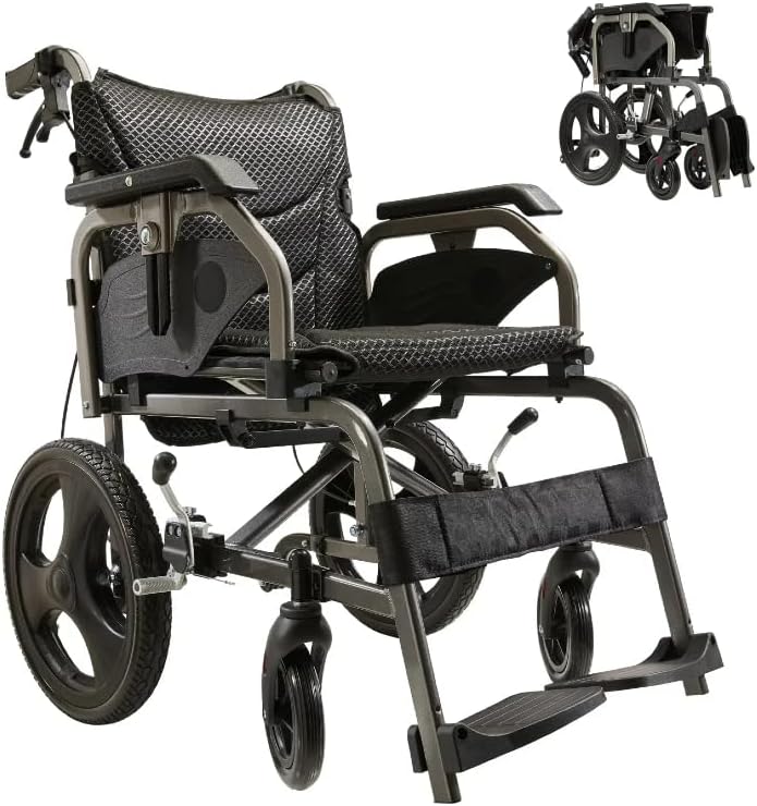 Foldable Lightweight Wheelchair for Adults - 27 lbs Portable Wheelchair with Double Hand Brakes, Reversible Adjustable Armrests & 15" Airless Tires - Nano Gray