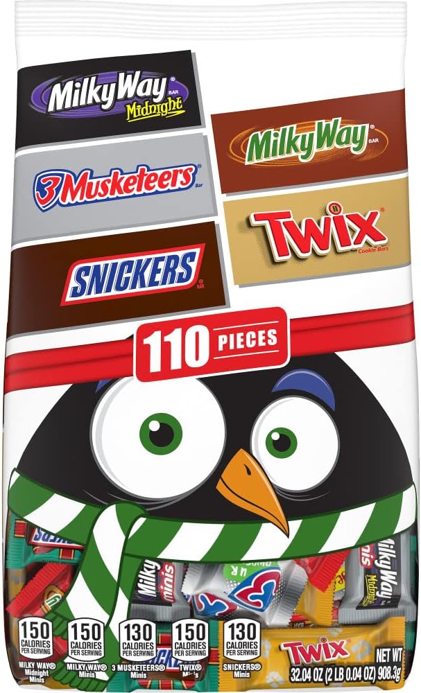 Mars Chocolate SNICKERS, TWIX, 3 MUSKETEERS, MILKY WAY Original and Midnight Holiday Chocolate Candy Minis Size Christmas Variety Bulk Pack 32.04 oz, 110 Pieces Bag
