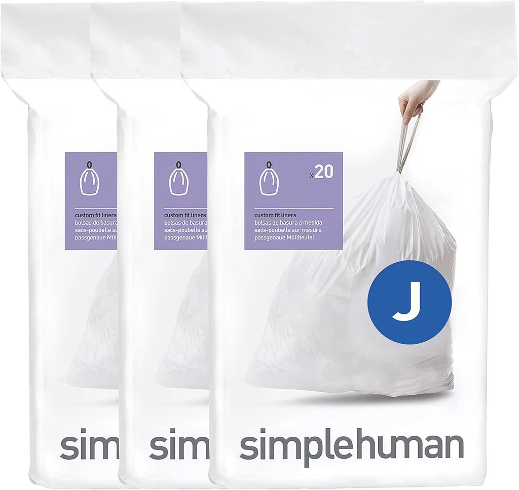 simplehuman Code J 60 Count, Dispenser Pack Custom Fit Liners, Drawstring Trash Bags, 30-45 Liter / 8-12 Gallon, White