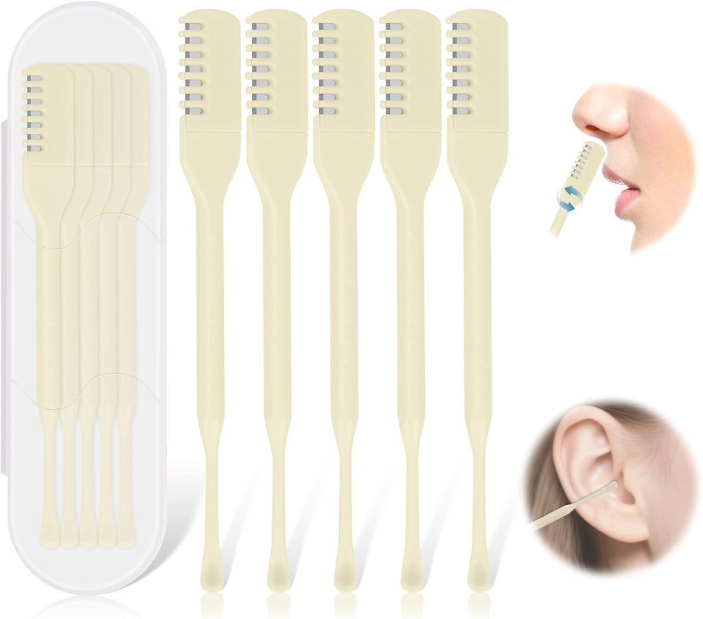 5PCS 2-in-1 Nasal Hair Cutter, Manual Nose Hair Trimmer Cutter with Ear Pick for Women & Men 360°Rotating Nose Hair Remover Grooming Tool Knife Razor Portable Nostril Hair Trimmer (Beige)