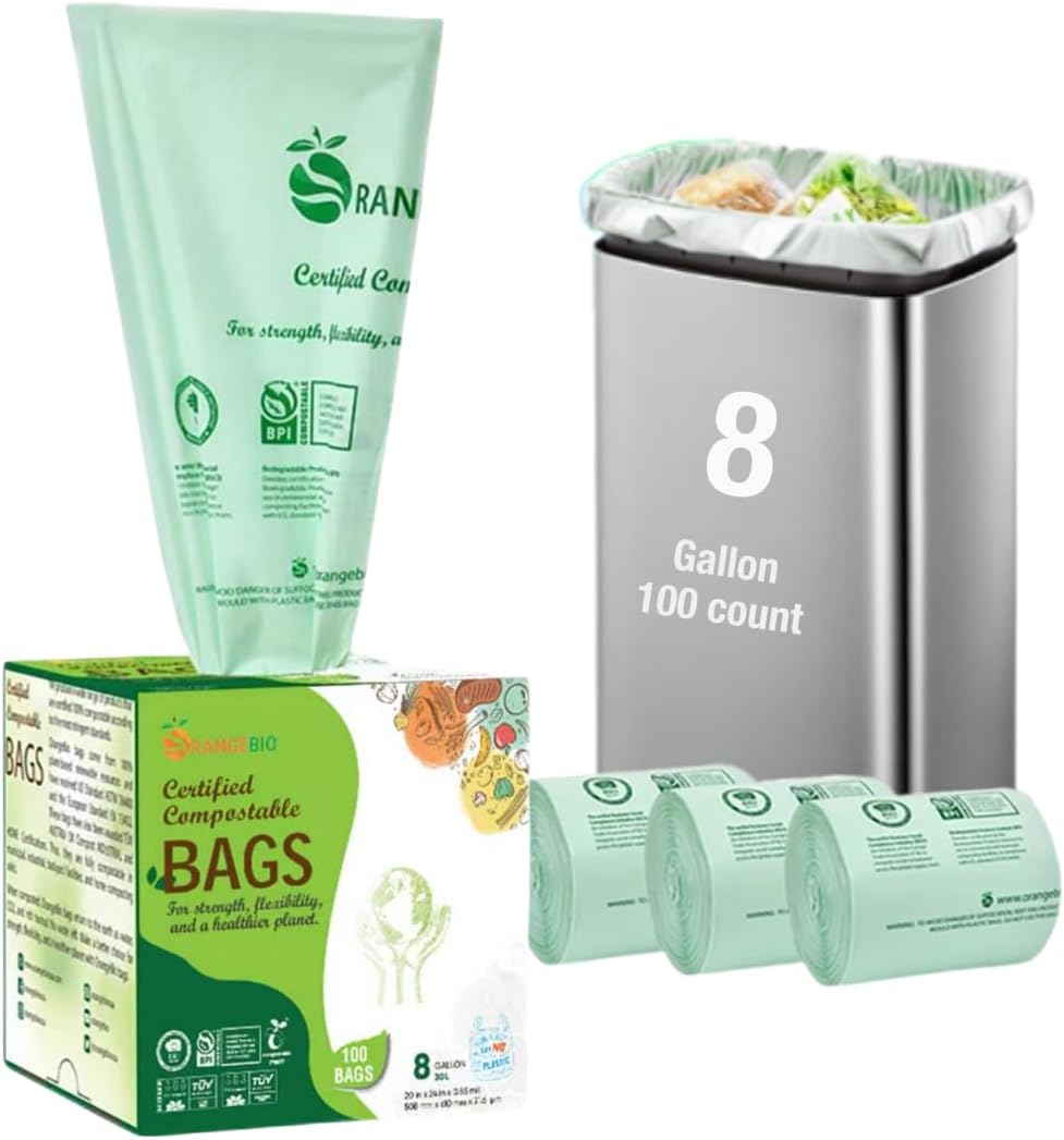OrangeBio 6-8 Gallon Compostable Trash Bags, 100 Count, Kitchen Food Waste & Compost Bin Liners, Plant-Based Garbage Bags, BPI ASTM D6400 & TÜV OK Compost Home Certified