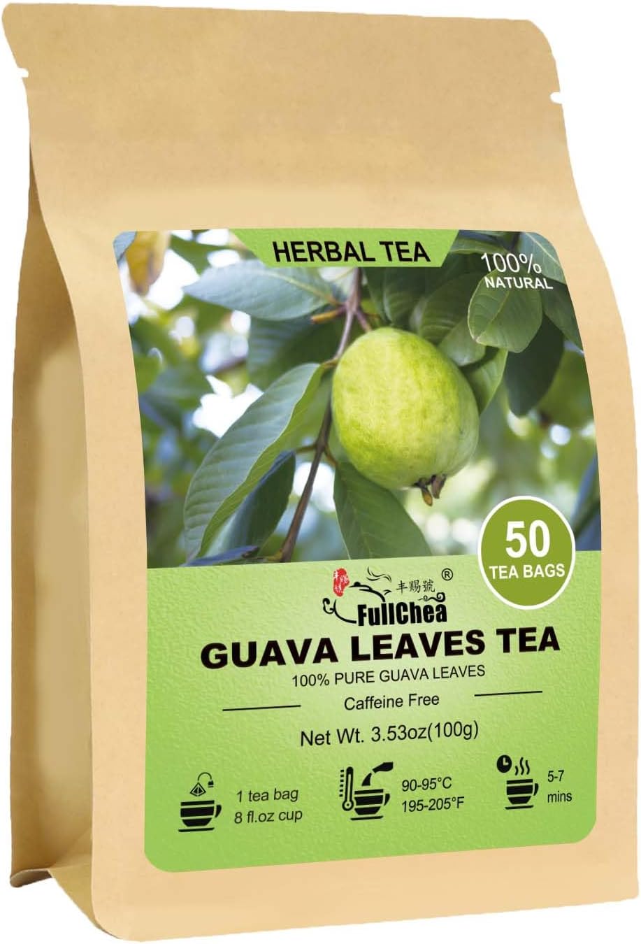 FullChea - Guava Leaves Tea Bags, 50 Teabags - Hojas De Guayaba, Premium Guava Leaf Tea - Non-GMO - Caffeine-free - Boost Immunity & Rich in Antioxidants