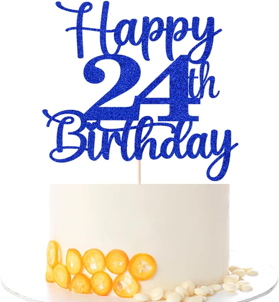 Kaoenla Happy 24th Birthday Cake Topper,Hello 24，Cheers to 24 Years,24th Anniversary /24 years old birthday Party Decoration (24th, blue)