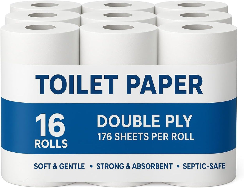 16 Rolls Double Ply Toilet Paper, 176 Sheets Per Roll | Soft, Strong & Septic-Safe Bath Tissue | Bulk Pack for Home, Office & Commercial Use-Packing may vary