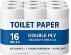 16 Rolls Double Ply Toilet Paper, 176 Sheets Per Roll | Soft, Strong & Septic-Safe Bath Tissue | Bulk Pack for Home, Office & Commercial Use-Packing may vary
