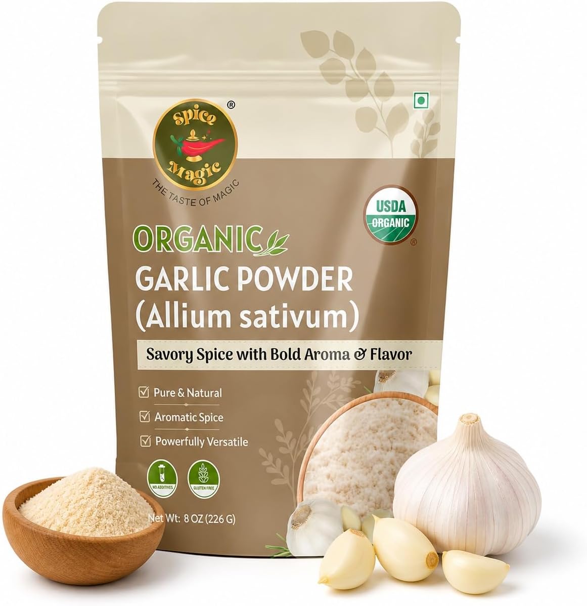 Spice Magic Organic Garlic Powder (Allium sativum),8 oz (226 g) | Finely Ground & Aromatic | Lab Tested,No ETO & Additive-Free | Premium Garlic Seasoning for Everyday Cooking & Seasoning