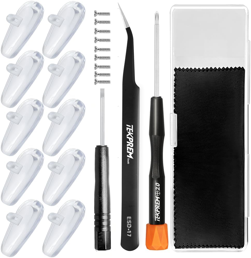 Eyeglasses Nose Pads, TEKPREM Screw in Glasses Nose Pads Replacement Repair Tools Kit with 5 Pairs of Air Chamber Silicone Nose Pads,Screws,Screwdrivers,Tweezer & Cloth for Sunglasses (15mm)