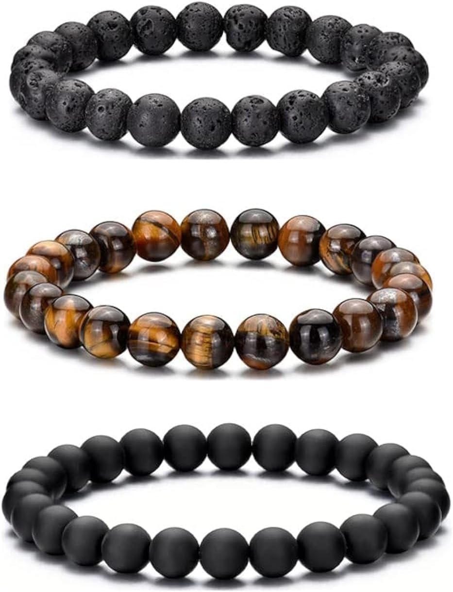 RANKEEF Tiger Eye Bracelet For Men 8MM Natural Stone Stretch Adjustable Black Crystal Beaded Bracelet for Men Women Gifts