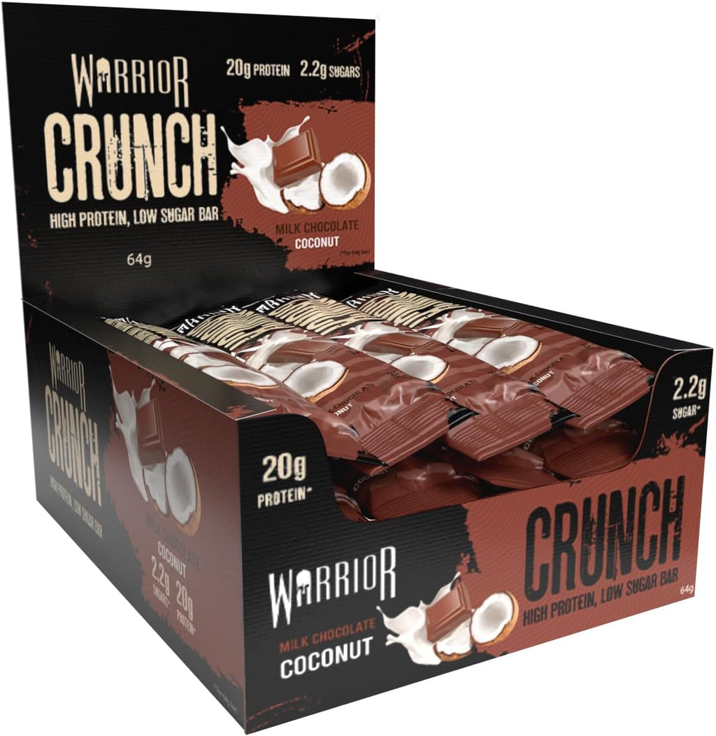 Warrior HIGH Protein Bars (20g Protein Each) - Low Carb, Low Sugar - Pack of 12 Caramel Crispy Crunch Bars - Milk Chocolate & Coconut