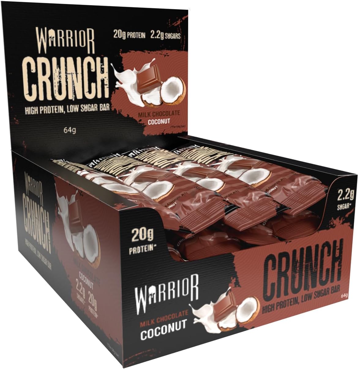 Warrior HIGH Protein Bars (20g Protein Each) - Low Carb, Low Sugar - Pack of 12 Caramel Crispy Crunch Bars - Milk Chocolate & Coconut