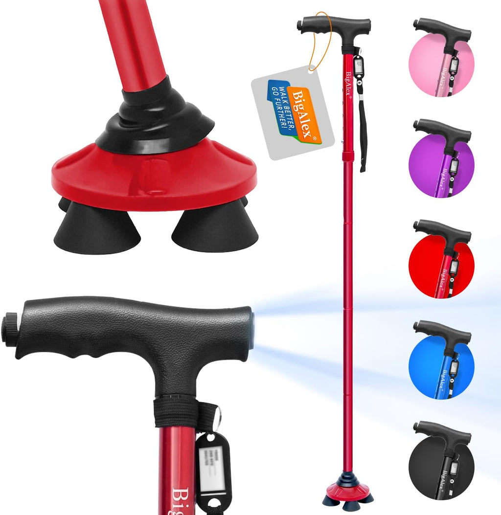 BigAlex Folding Walking Cane with LED Light,Pivoting Quad Base,Adjustable Walking Stick with Carrying Bag for Man/Woman (Alloy Base)