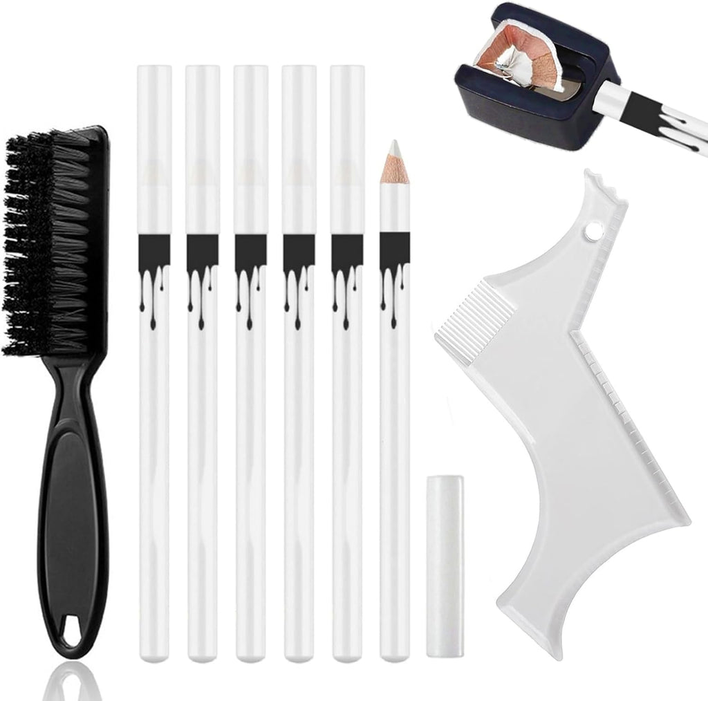 White Barber Pencil Set - Edge Hairline Razor Trace Pencils Beard Guide Beard Hairline and Beard Shaping Pencils,with Sharpener Ruler Brush for Men