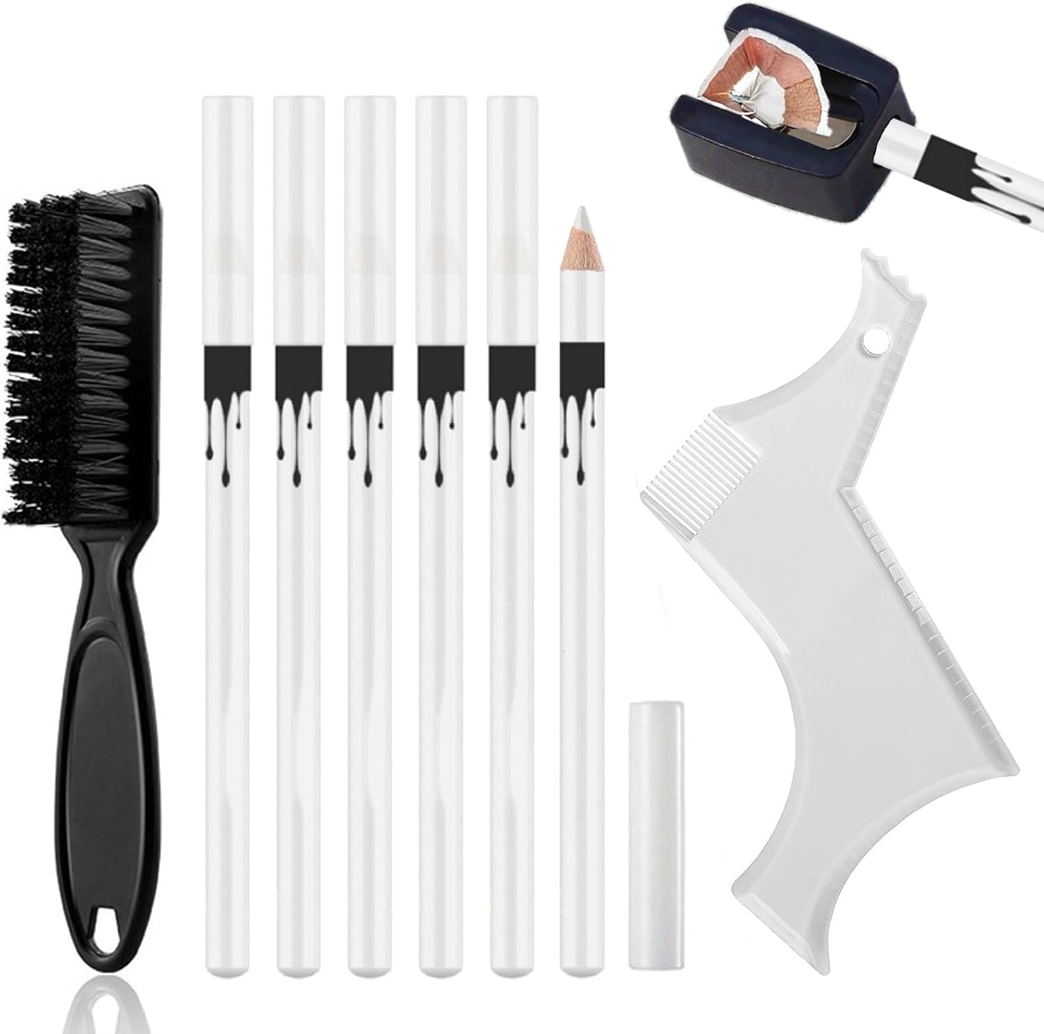 White Barber Pencil Set - Edge Hairline Razor Trace Pencils Beard Guide Beard Hairline and Beard Shaping Pencils,with Sharpener Ruler Brush for Men