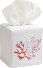 Jacaranda Living Square Tissue Box Cover, Linen/Cotton Fabric Tissue Holder, Decorative Cloth Tissue Cube Cover, Coastal Designs Coral (Coral)