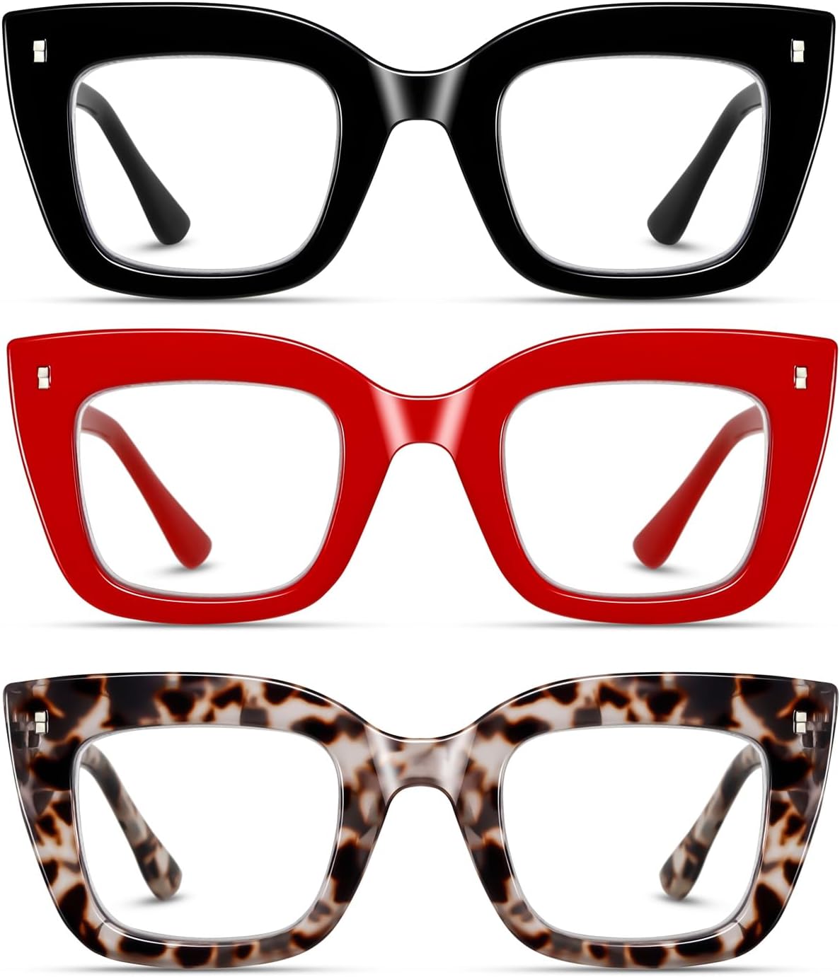 Hubeye 3 Pack Fashion Style Reading Glasses Oversized Readers Blue Light Blocking Computer Eyewear With Spring Hinge