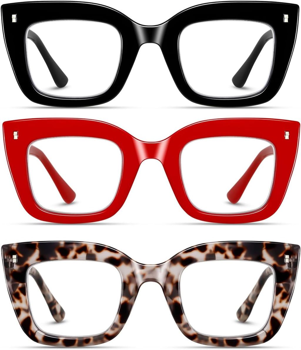 Hubeye 3 Pack Fashion Style Reading Glasses Oversized Readers Blue Light Blocking Computer Eyewear With Spring Hinge