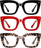 Hubeye 3 Pack Fashion Style Reading Glasses Oversized Readers Blue Light Blocking Computer Eyewear With Spring Hinge