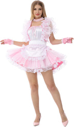 JOLINE Sissy Lace Frilly Satin Square Neckline Dress Uniform Crossdressing
