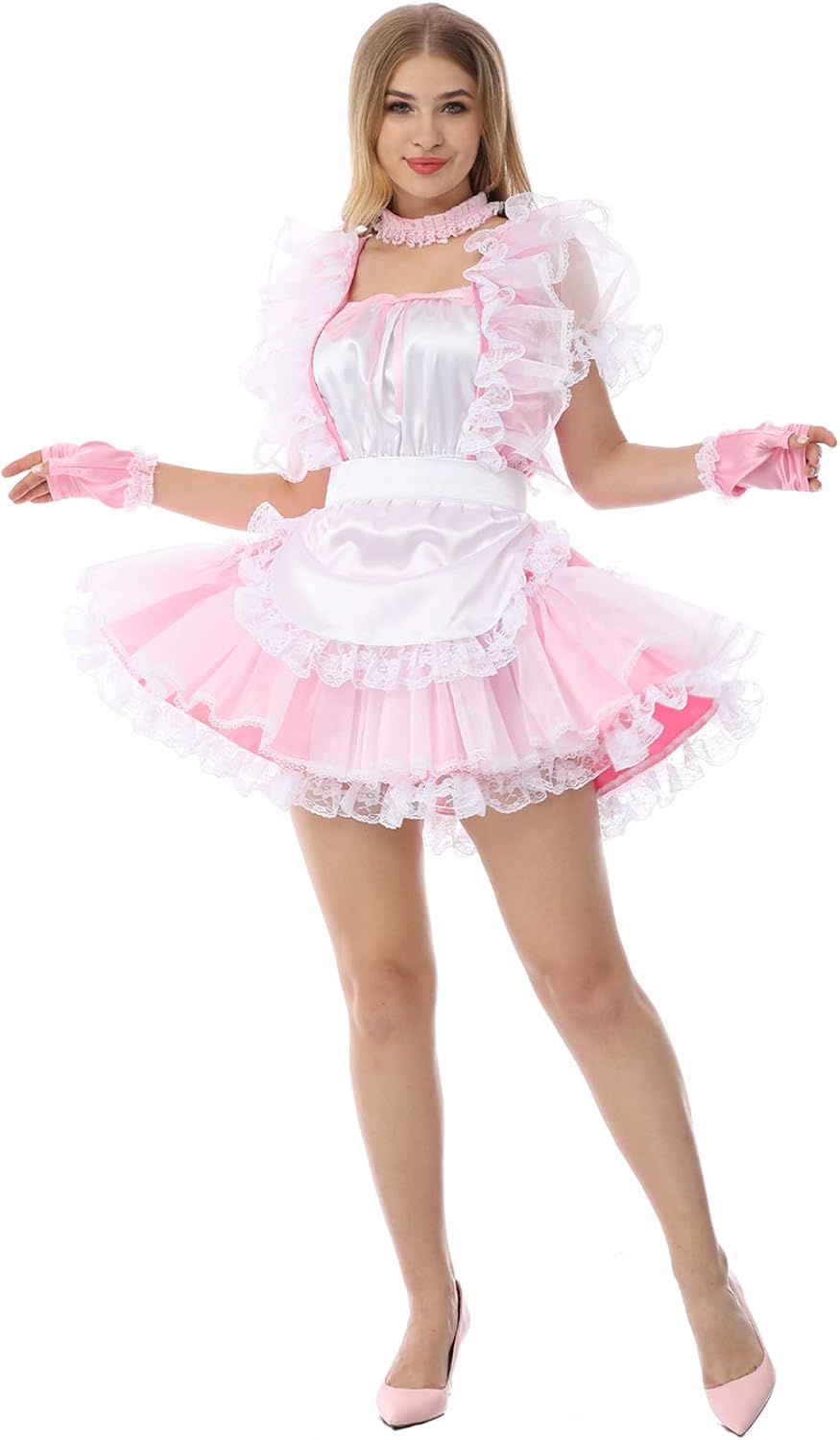 JOLINE Sissy Lace Frilly Satin Square Neckline Dress Uniform Crossdressing