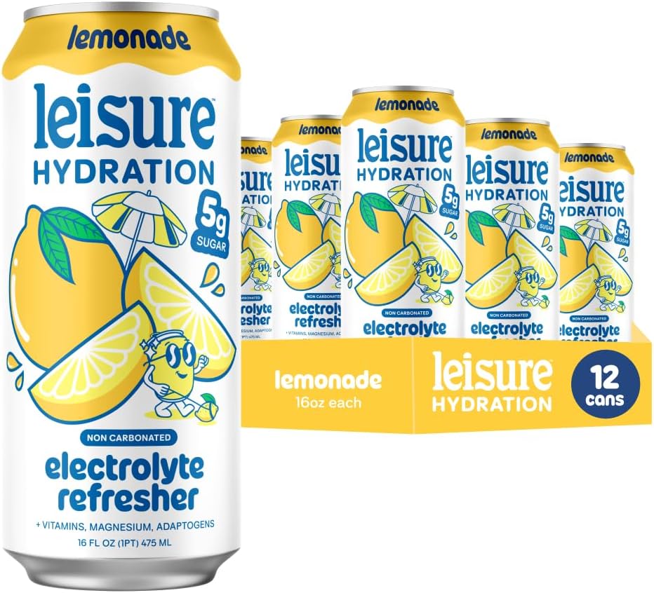 Leisure Hydration Non-Carbonated Electrolyte Refresher, Lemonade Flavor - Low Sugar Nutrient Enhanced Water Beverage - Get The Best Hydration Packed w/ Magnesium & Ashwagandha For Mood & Stress Support, Non-GMO, 16 oz (12-Cans)