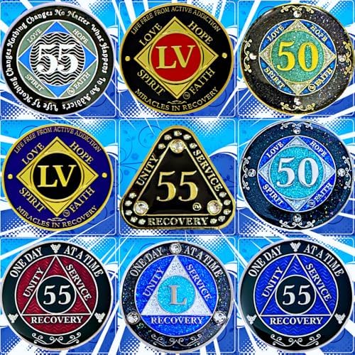 (Years 1-50) 1 Year AA Recovery Silver Color Plated Glitter Medallion, Black Rainbow, Blue, Silver Glitter Coin, Epoxy Covered (AA 1 year Glitter Medallion)