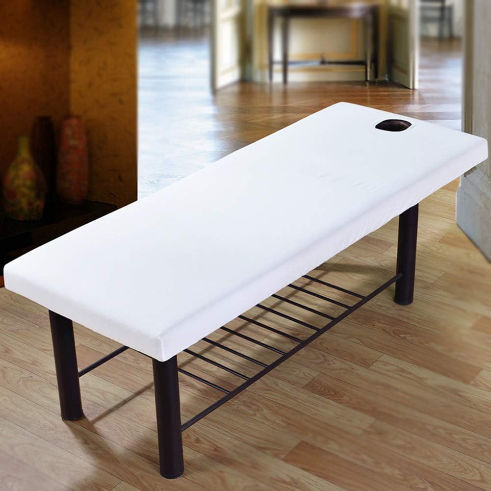 Massage Table Cover Sheet with Face Hole, Fitted Massage Couch Sheet for Beauty Salon Spa, Elastic Cord Edge Anti-Slip Design All-round Wrap in Polyester(White)