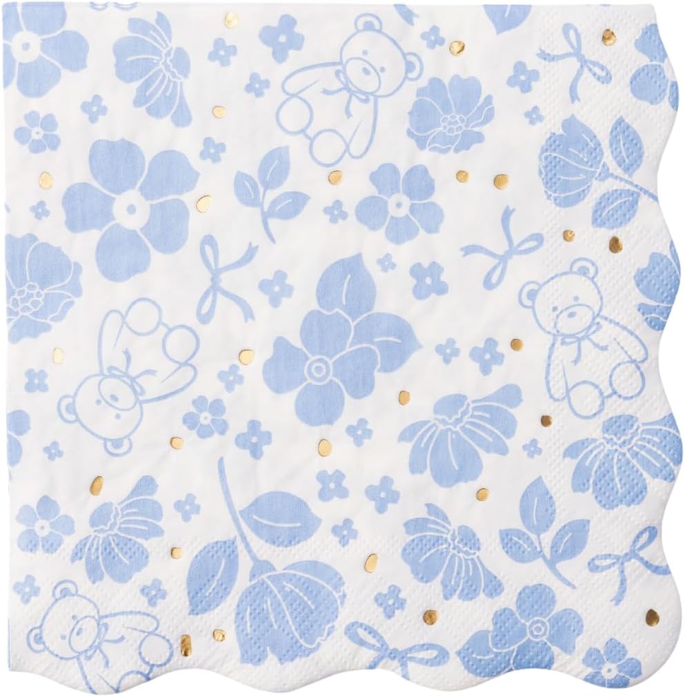 Bonjour Fête Light Blue Bear Large Paper Napkins | 3-Ply Napkins for Birthdays & Holidays | Premium Lunch Napkins | Gold Foil | Party Table Decor | Party Supplies Decorations | Pack of 20, 6.5" Folded