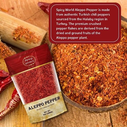 Spicy World Aleppo Pepper Flakes 7 oz | Authentic Turkish Chili Spice for Exquisite Heat & Flavor | Premium Crushed Chili Pepper from Halaby Region | Popular in Turkish & Middle Eastern cooking