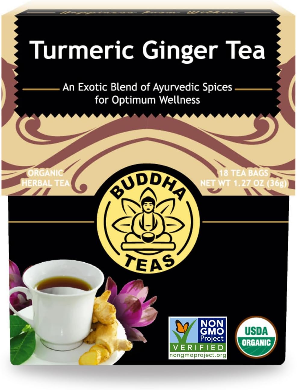 Buddha Teas Organic Turmeric Ginger Tea - OU Kosher, USDA Organic, CCOF Organic, 18 Bleach-Free Tea Bags