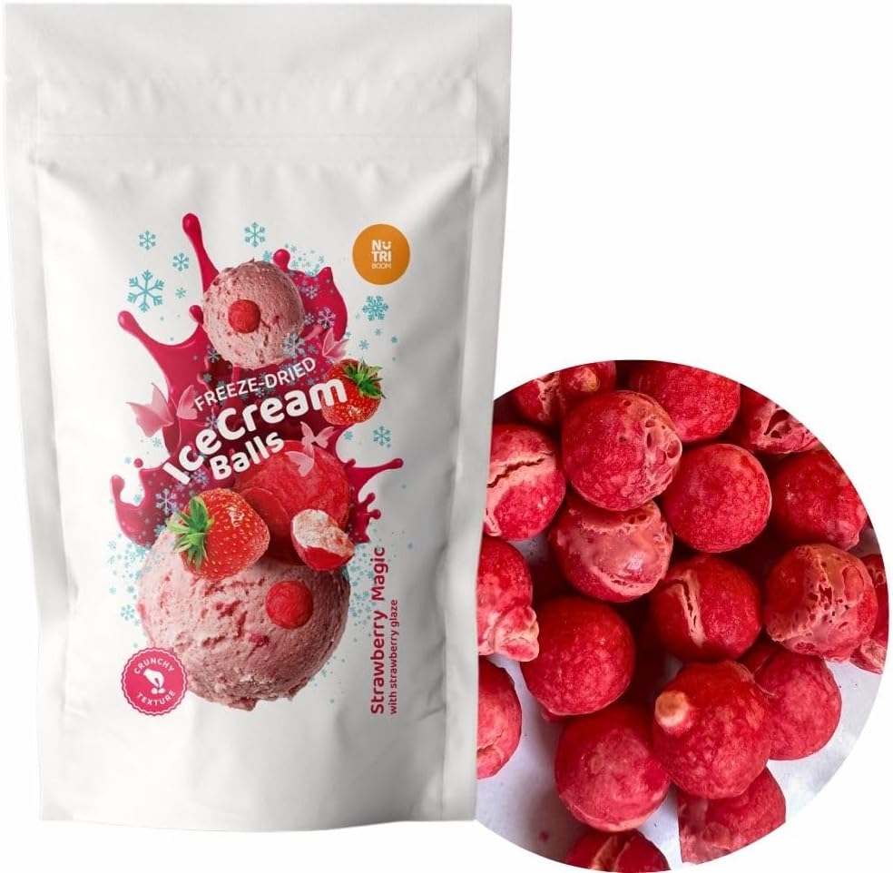 NutriBoom Strawberry Magic Freeze Dried Ice Cream – Crunchy, Premium Strawberry Flavour Snack – Innovative Sweet Treat, Perfect for On-the-Go, Freeze Dried Candy (150g pack)