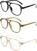 MMOWW 3 Pack Oversized Aviator Reading Glasses for Women Men Stylish Double Bridge Pilot Style Blue Light Blocking Readers