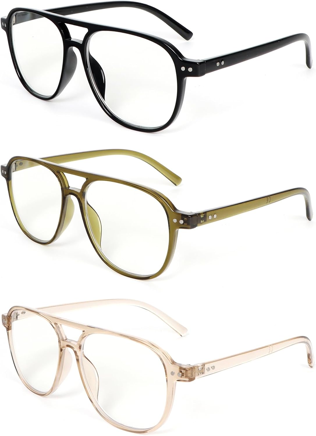 MMOWW 3 Pack Oversized Aviator Reading Glasses for Women Men Stylish Double Bridge Pilot Style Blue Light Blocking Readers
