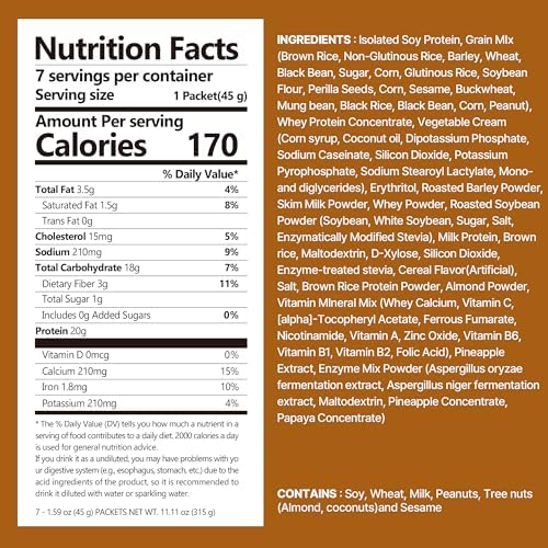 Flimeal Brown 17Grains Protein Shake, With Crunchy Protein Balls, Protein Smoothie Powder - 20g Protein, Low Sugar, Keto-Friendly Meal Replacement Shake, 1.59oz, 7packs, 7 Servings (7 Packs X 1.59 oz)