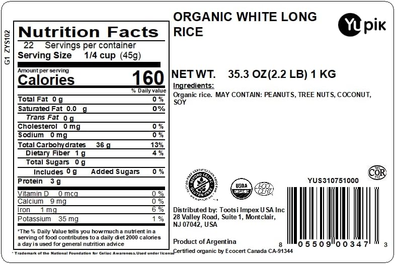 Yupik Organic White Rice, Long Grains, 2.2 lb (35.2 oz), Non-GMO, Vegan, Gluten-Free, Kosher, Salt-Free, Easy Preparation, Ideal for Recipes, Side Dishes, Salads & More