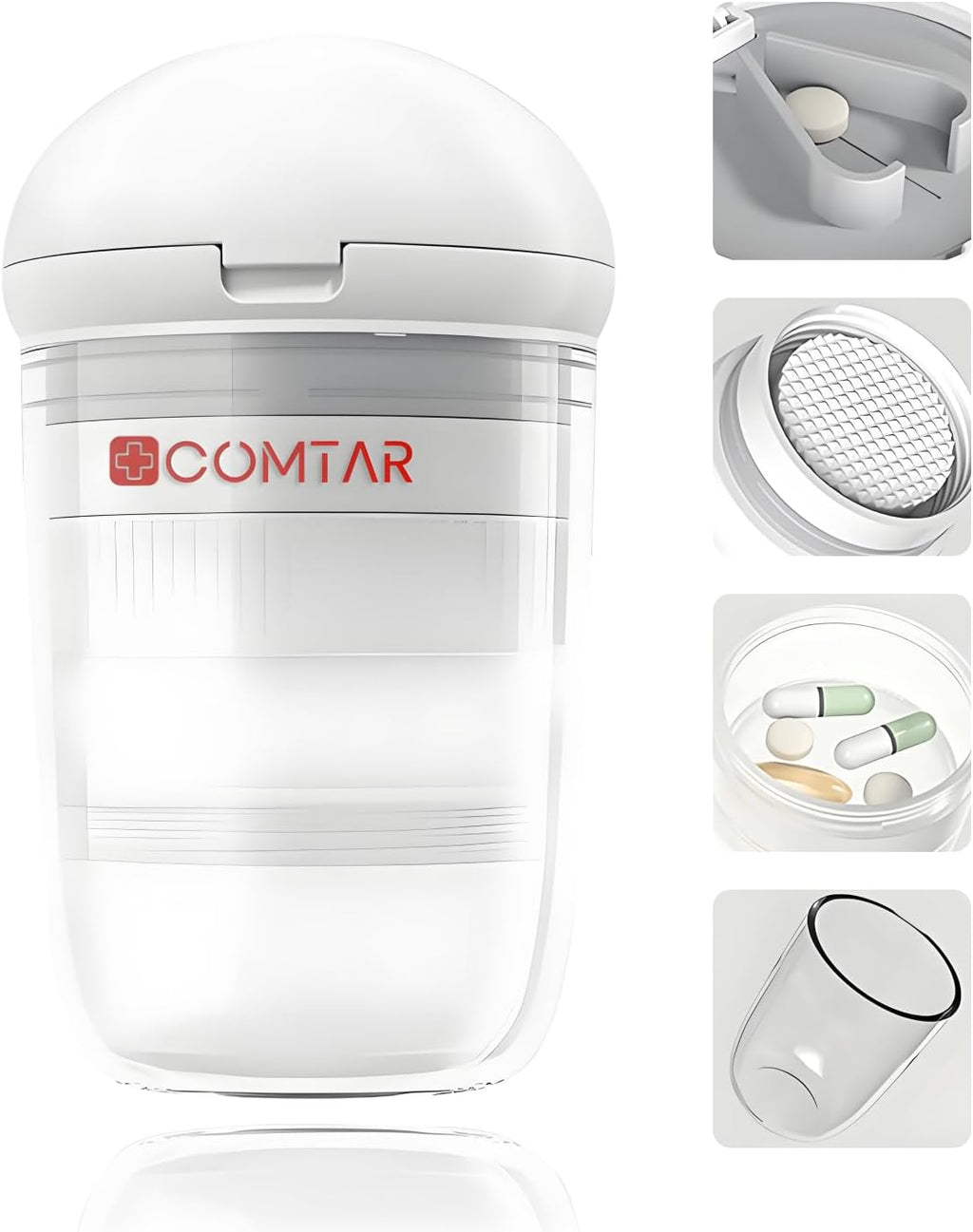 4-in-1 Pill Cutter with Crusher, Storage & Cups - Precise Cutting for 0.85in Pills, Stainless Steel Blade, Ergonomic Design (White)