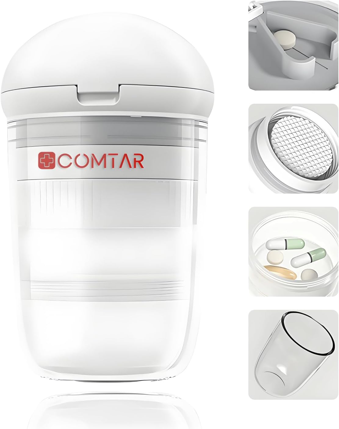 4-in-1 Pill Cutter with Crusher, Storage & Cups - Precise Cutting for 0.85in Pills, Stainless Steel Blade, Ergonomic Design (White)