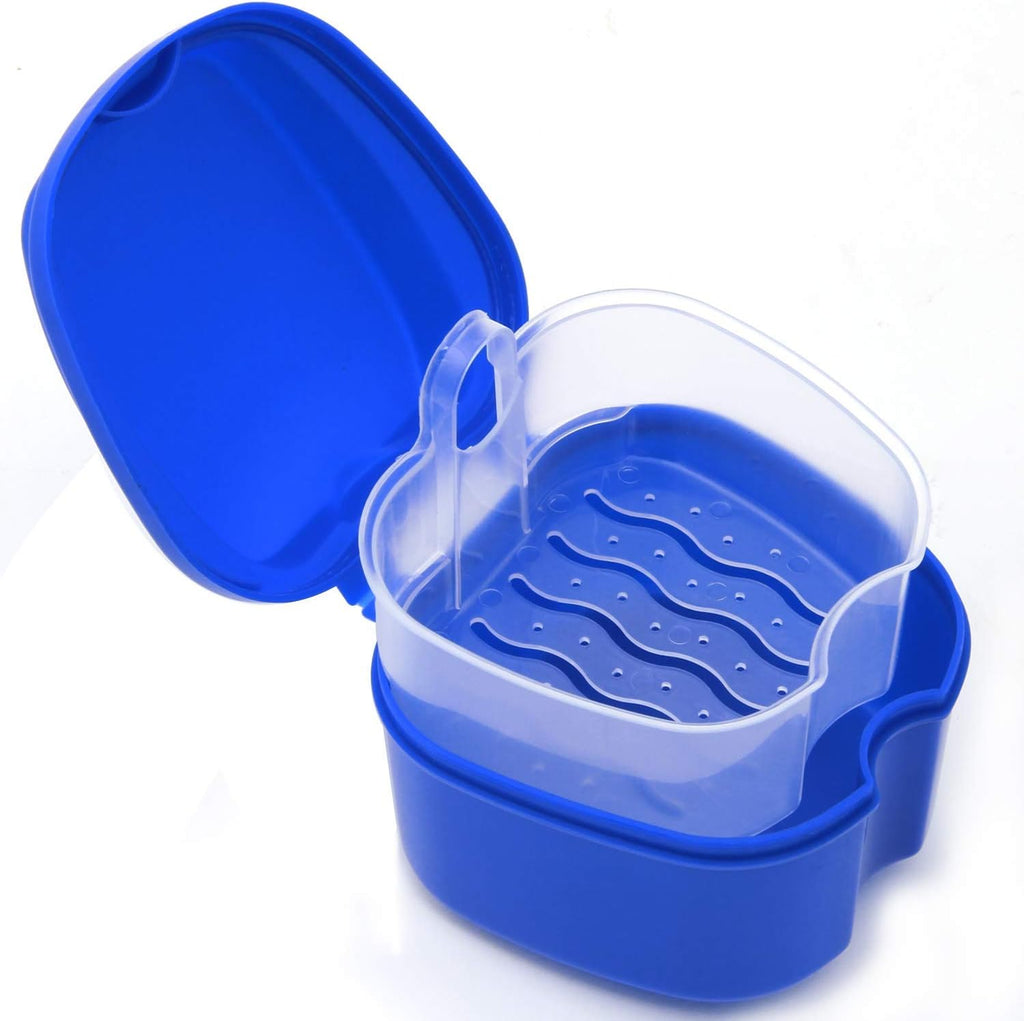 Denture Case, Denture Cup with Strainer, Coolrunner Denture Bath Box False Teeth Storage Box with Basket Net Container Holder for Travel, Retainer Cleaning (Blue) (Dark Blue)