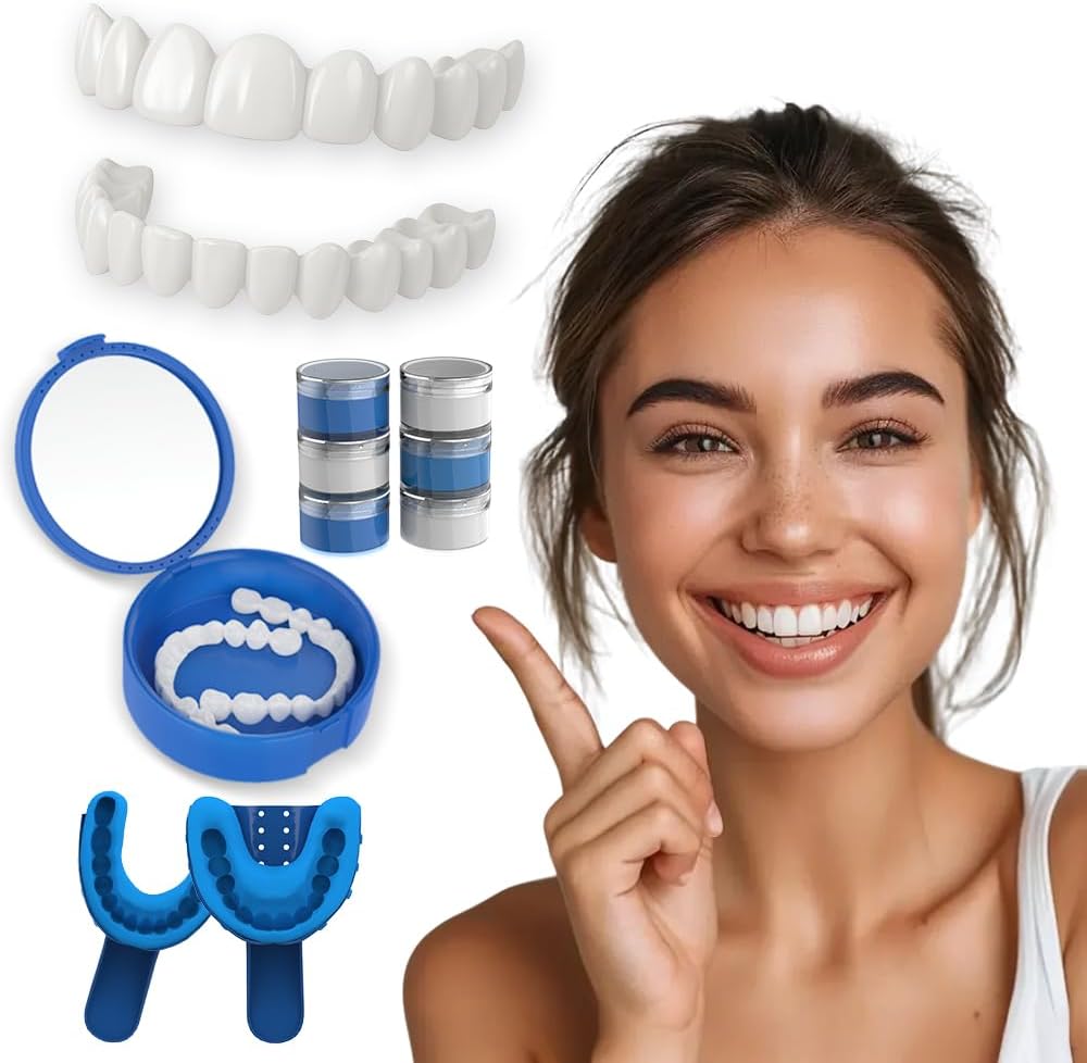 Cosmetic Dental Veneers, Upper and Lower Custom Fit Whitening Covers, Temporary Snap-On Smile Enhancement Kit, Reusable, with Fitting Tools