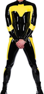 Latex Rubber Black and Yellow Patchwork Jumpsuit Role Play Party Hand Customized,Black,XL