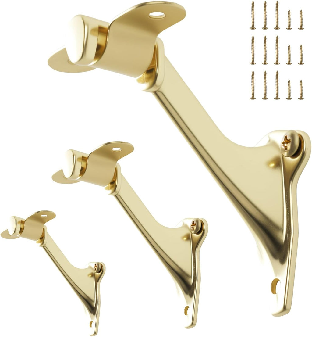 3" Stair Handrail Bracket, 3 Pack Hand Rail Brackets for Stairs Light-Duty, Stair Railing Bracket, Banister Brackets for Indoor Stairs with Screws, Bright Brass Finish, HOME MASTER HARDWARE