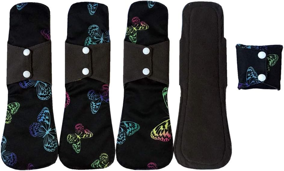 MUMBABY 5pcs 30.5cm / 12inch (Fit) Heavy Flow Charcoal Bamboo Mama Cloth/Menstrual Pads/Reusable Sanitary Pads (Black Butterfly, Large)