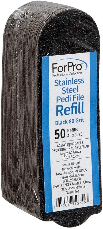 ForPro Professional Collection Stainless Steel Pedi File Refill, 80 Grit, Black, EZ-Strip Peel Pedicure Refill Pads, 1.25” W x 4” L, 50-Count