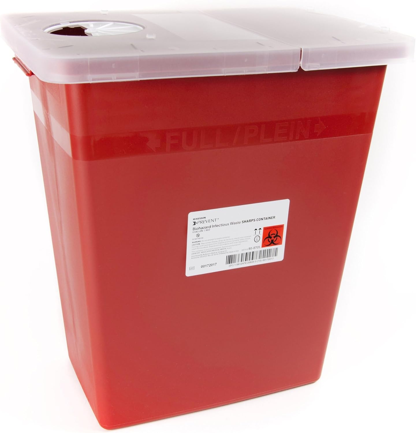 McKesson Prevent Sharps Container, Biohazard, Locking Lid, Red, 8 gal, 13 3/4 in x 13 3/4 in x 14 in