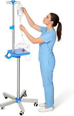 Adjustable IV Pole Portable Stand with Wheels, 52.3" to 70.8" Stainless Steel IV Stand with Tray and 4 Hooks, 5-Wheel Base
