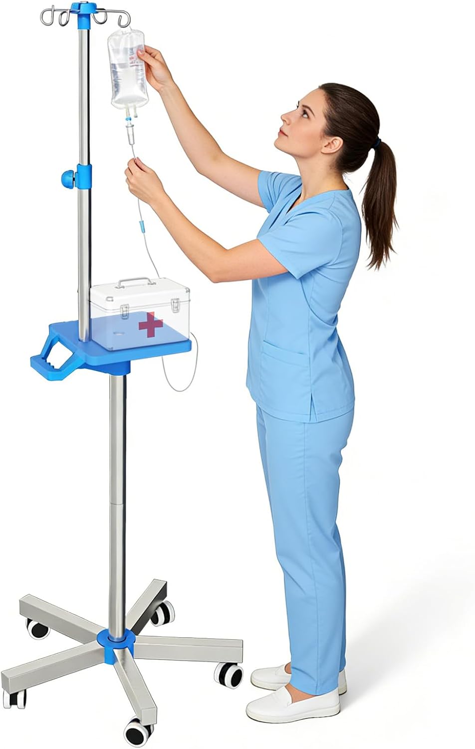 Adjustable IV Pole Portable Stand with Wheels, 52.3" to 70.8" Stainless Steel IV Stand with Tray and 4 Hooks, 5-Wheel Base