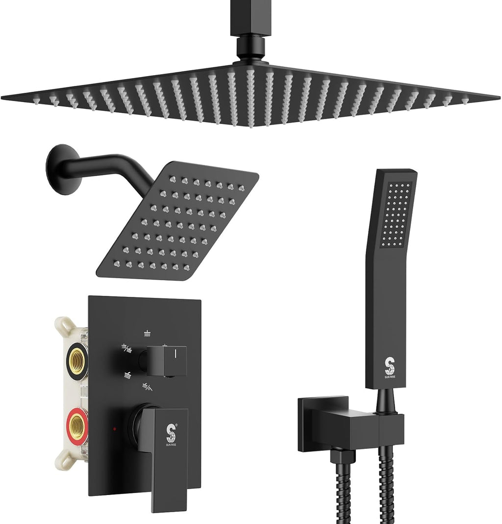 Shower Faucet Set Shower System - SR SUN RISE Matte Black Shower Trim Kit with Dual Shower Head, 12'' Ceiling Rainfall 6'' Wall Mount with Handheld Shower for Couples, Complete 6 Diverter Valve