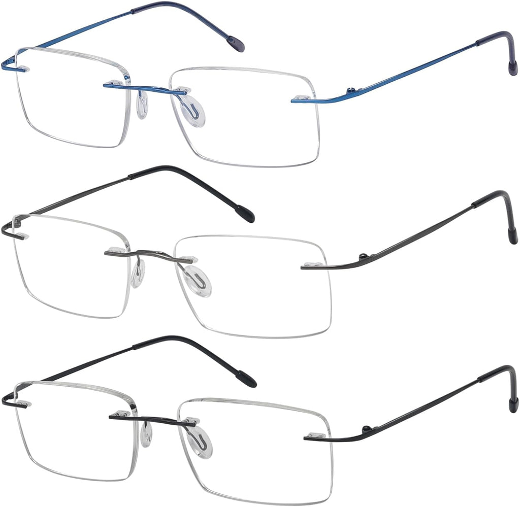 Eyekepper 3-Pack Rimless Metal Reading Glasses for Men - Rectangle Frameless Readers (Black/Blue/Gunmetal)+1.50